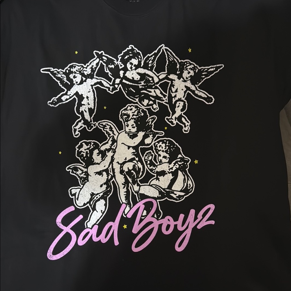 Black Graphic Tee with Cherubs and Pink Text